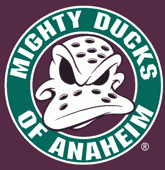 Anaheim Mighty Ducks Logo - Duck goalie mask in green circle with MIGHTY DUCKS OF ANAHEIM on it, on an eggplant background. Worn on shoulder of Mighty Ducks road uniform. Shade of eggplant adjusted from previous version