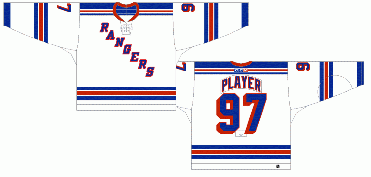 New York Rangers Home Uniform (2000) - The white home jersey under goes a slight change with the sleeve and waiste stripes thinning as well as the addition of a tie-string collar.