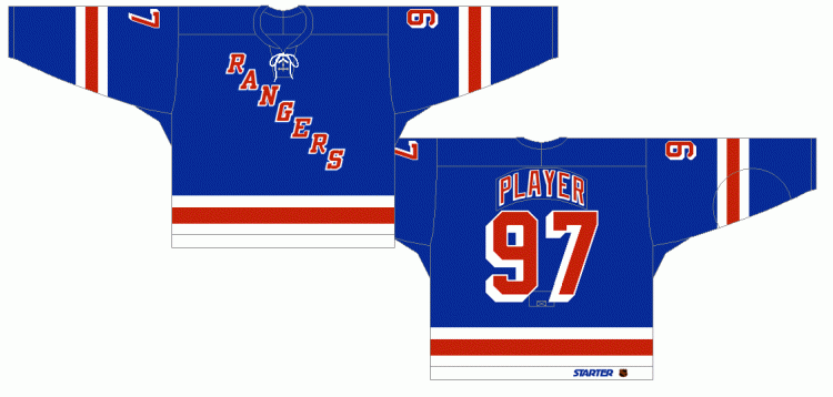 New York Rangers Road Uniform (1998) - The blue jersey goes back to its original striping pattern and now features a tie-string collar, something that had not been seen in the NHL for two decades. The Rangers were trend setters as other NHL teams would start using the tie-string collar in the following years.