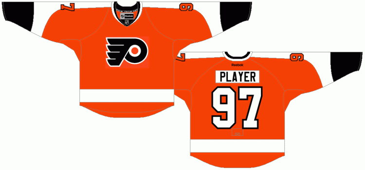 Philadelphia Flyers Home Uniform (2012) - For the 2012 season the Flyers made a few very suttle changes to their jerseys. The font on the NOB (name on back) changes to a thinner font, and the outline on the numbers becomes a little thicker.