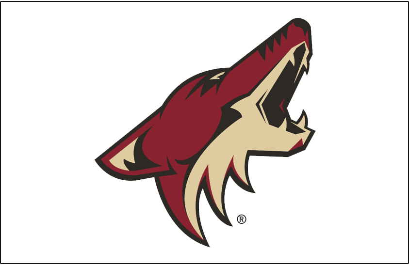 Phoenix Coyotes Jersey Logo (2003/04-2013/14) - Coyote head in brick red, black, and sand howling on a white jersey - worn on the Phoenix Coyotes road white jersey from 2003-04 until their name change in 2013-14