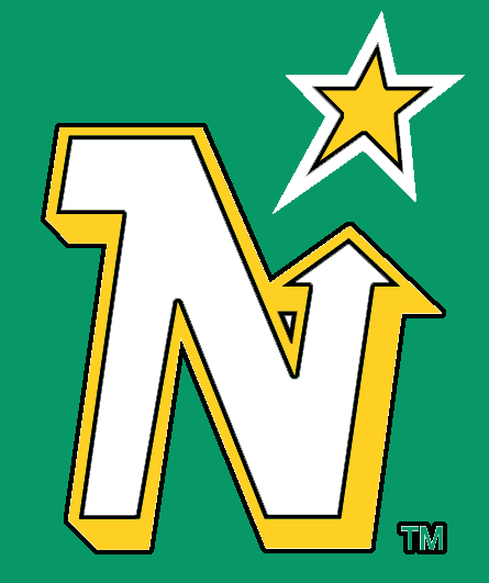 Minnesota North Stars Alternate Logo (1989) - white and black N with an arrow pointing north to a yellow star