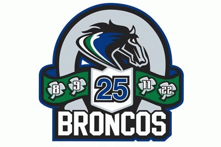Swift Current Broncos Anniversary Logo (2011) - Broncos logo with the numbers of players Trent Kresse, Scott Kruger, Chris Mantyka and Brent Ruff.