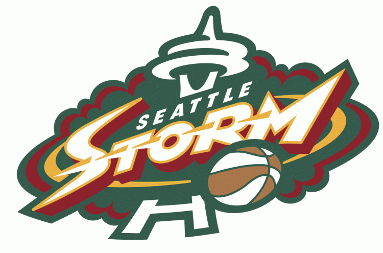 Seattle Storm Primary Logo (2000-2015) - Spaceneedle in green storm clouds with script