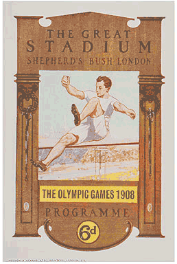 1908 London Olympics Primary Logo (1908) - A high jumper in between the gates of the Olympic Stadium in London