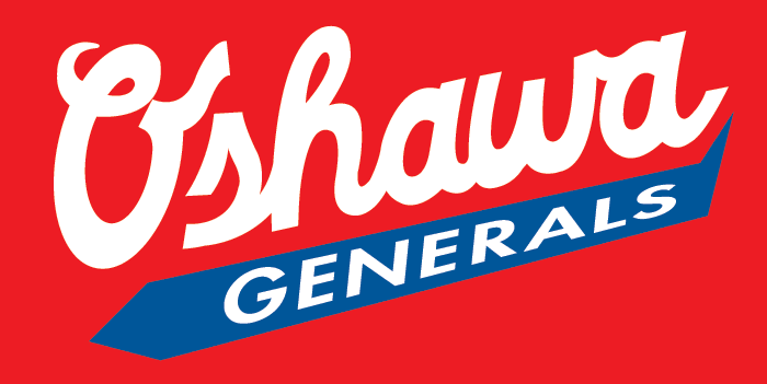 Oshawa Generals Alternate Logo (1984/85-2005/06) - 'Oshawa' in white script with 'Generals' below in white on a blue tail all on red - worn on the teams dark jersey