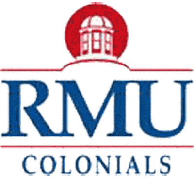 Robert Morris Colonials Primary Logo (2002-2005) - Blue RMU Colonials with top of a builing in a red circle