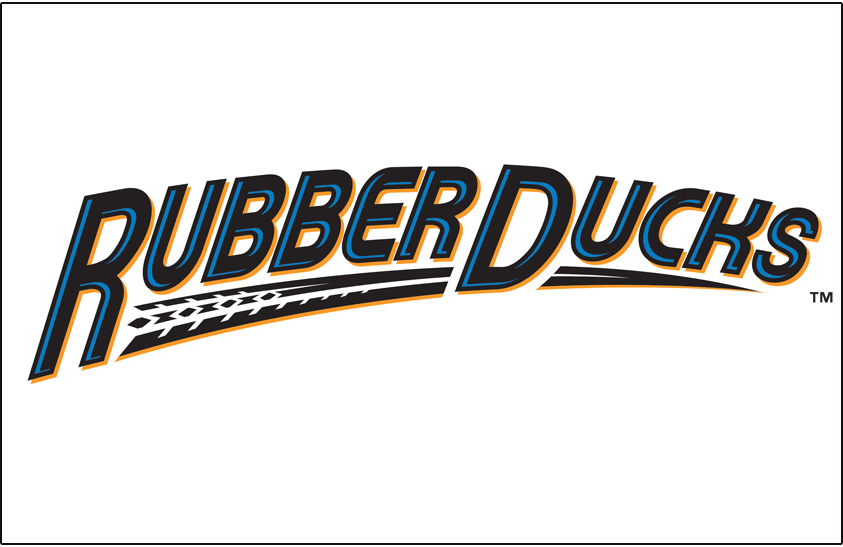 Akron RubberDucks Jersey Logo (2014-Pres) - RubberDucks in black, orange, and light blue with a tire tread underscore on white. Worn on the Akron RubberDucks home jerseys starting in 2014