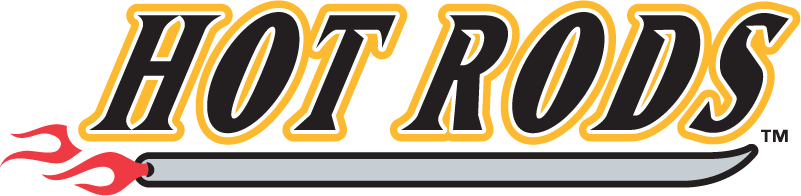 Bowling Green Hot Rods Wordmark Logo (2009) - Hot Rods in black with a yellow outline over a flaming tailpipe