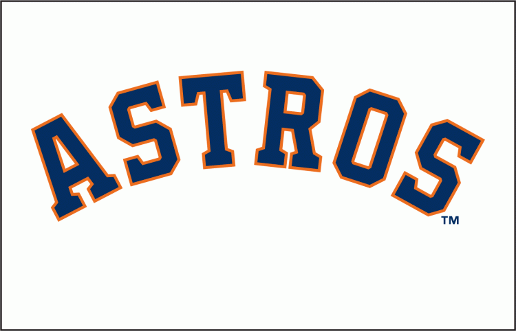 Houston Astros Jersey Logo (2013) - ASTROS in blue and orange arched on white. Worn on Houston Astros home uniforms