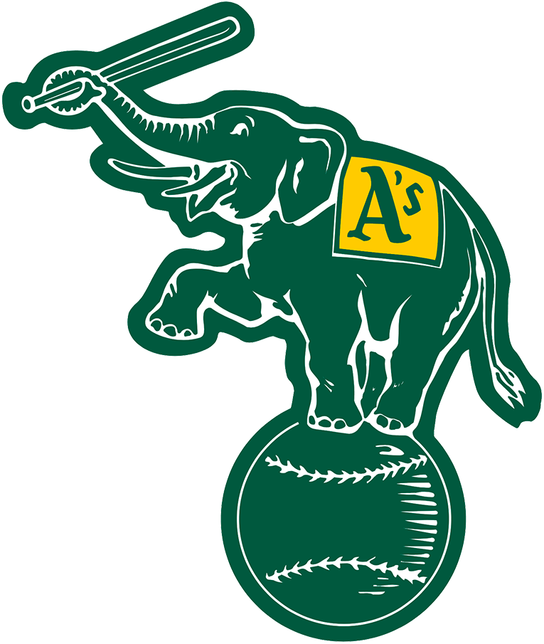 Oakland Athletics Alternate Logo (1988-1992) - Elephant holding a bat, standing on a baseball in forest green
