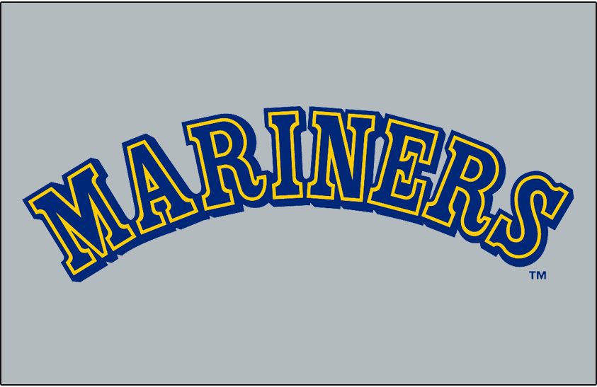 Seattle Mariners Jersey Logo (1987-1992) - Mariners in blue with yellow and blue outlines and a blue drop shadow on grey. Worn on Seattle Mariners road jersey from 1987-1992