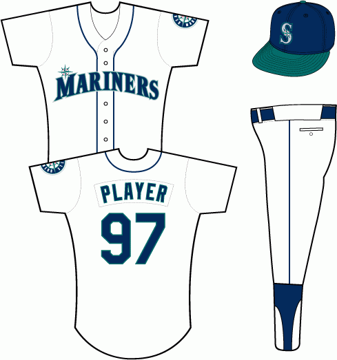 Seattle Mariners Home Uniform (1993) - Mariners in navy with green and silver outlines on a white uniform with navy piping, primary logo patch on left sleeve