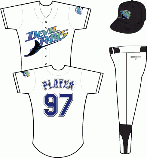 Tampa Bay Devil Rays Home Uniform (1998) - Devil Rays in a rainbow gradient over a black sting ray on a white jersey with black sleeve piping, Inaugural Season patch on left sleeve