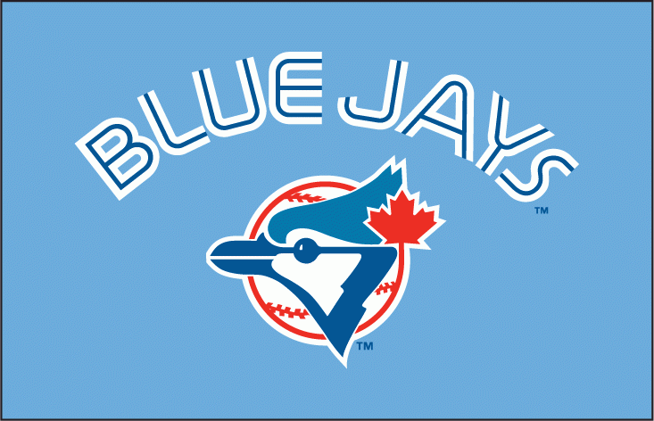 Toronto Blue Jays Wordmark Logo (1979) - (Road) Blue Jays in white with a thin blue inline above primary logo on powder blue