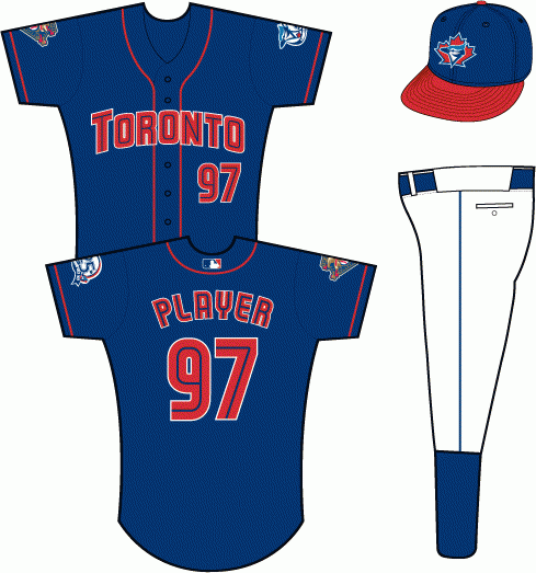 Toronto Blue Jays Alternate Uniform (2001) - Toronto arched in red, blue and white on a blue uniform with red piping, American League 100th Anniversary patch on right sleeve, Blue Jays 25th Anniversary patch on left sleeve