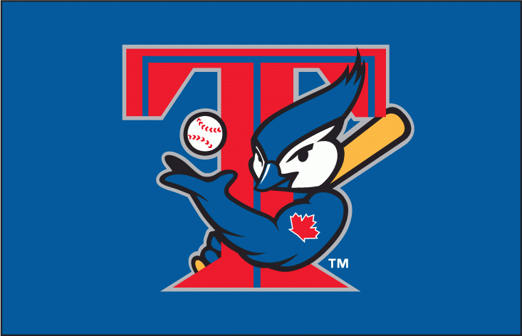Toronto Blue Jays Cap Logo (2001) - The T-Bird Logo. A Blue Jay holding a bat and tossing a ball behind red and blue T with a silver outline on blue