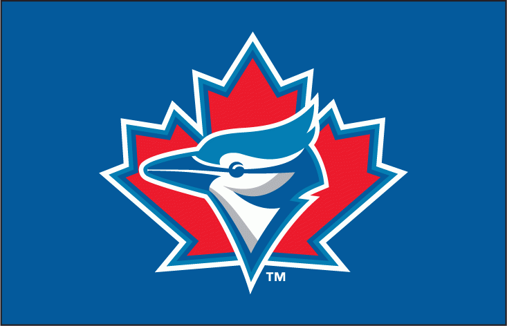 Toronto Blue Jays Cap Logo (1997) - A Blue Jay head on a red maple leaf with blue and white outlines on blue