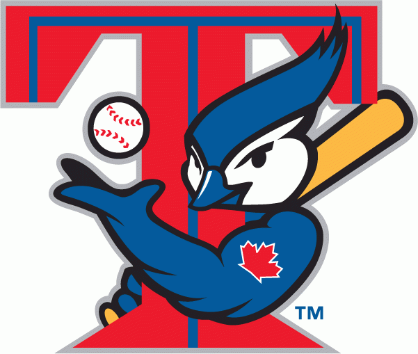 Toronto Blue Jays Alternate Logo (2001) - The T-Bird. A Blue Jay holding a bat and tossing a ball behind red and blue T. Slightly modified between 2000 and 2001 seasons