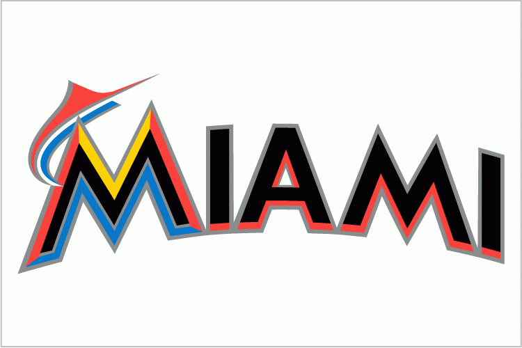 Miami Marlins Wordmark Logo (2012) - Miami arched in black and orange with black and silver outlines, and an orange and blue marlin jumping from the M on white