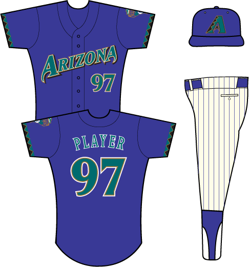 Arizona Diamondbacks Alternate Uniform (1998) - Arizona in teal on purple uniform with teal, black and gold sleeve accents, Inaugural Season patch on left sleeve