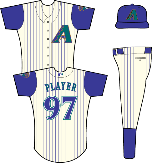 Arizona Diamondbacks Alternate Uniform (2000) - Multi-colored A on sleeveless cream-colored uniform with purple pinstripes, snake patch on left sleeve (MLB batter logo added in 2000)