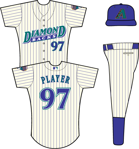 Arizona Diamondbacks Home Uniform (2000) - Diamondbacks on a cream-colored uniform with purple pinstripes, snake patch on left sleeve (MLB batter logo added in 2000)