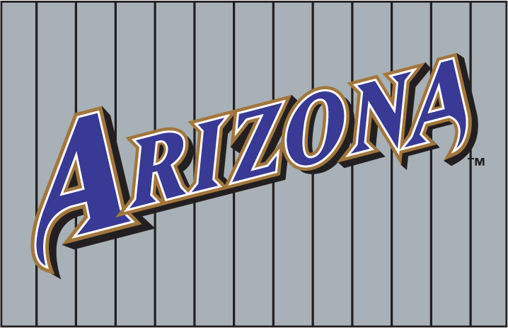 Arizona Diamondbacks Wordmark Logo (2001) - Arizona slanted in purple with white and copper outlines and a black shadow on a grey uniform with black pinstripes