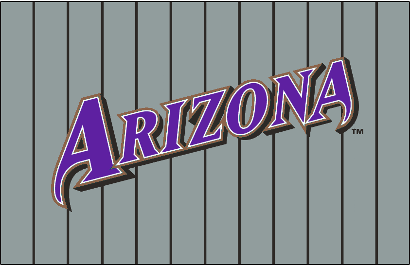 Arizona Diamondbacks Jersey Logo (2001) - Arizona slanted in purple with white and copper outlines and a black shadow on a grey uniform with black pinstripes, worn on the Arizona Diamondbacks sleeveless road grey uniform from 2001 to 2006
