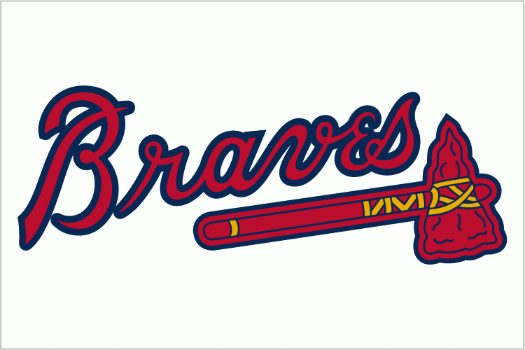 Atlanta Braves Wordmark Logo (1987) - (Home) Braves in scarlet with a navy outline above a scarlet tomahawk on white
