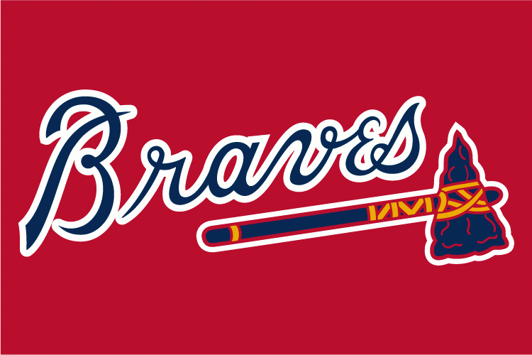Atlanta Braves Wordmark Logo (2005) - (Alternate) Braves in navy with a white outline and a navy tomahawk on scarlet