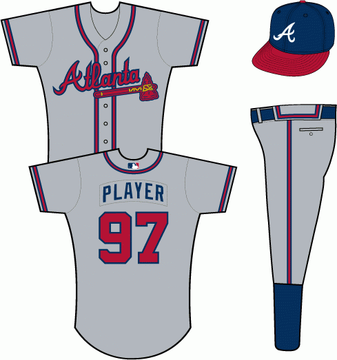Atlanta Braves Road Uniform (2000) - Atlanta in scarlet on a grey uniform with scarlet and navy piping (MLB batter logo added in 2000)