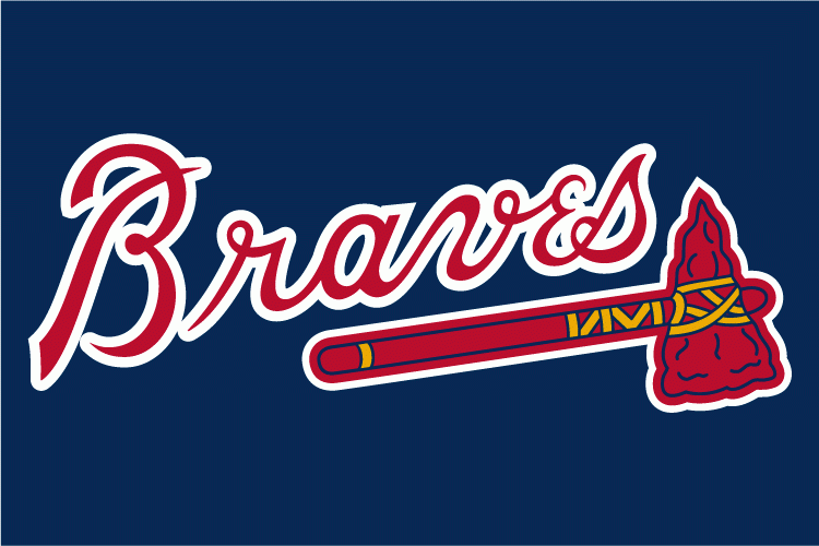 Atlanta Braves Wordmark Logo (1987) - (BP) Braves in scarlet with a white outline above a scarlet tomahawk on navy