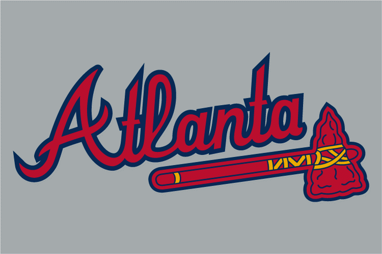 Atlanta Braves Wordmark Logo (1987) - (Road) Atlanta in scarlet with a navy outline above a scarlet tomahawk on grey