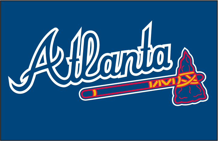 Atlanta Braves Wordmark Logo (2008) - (Alternate) Atlanta in navy with white outline and a navy tomahawk on navy