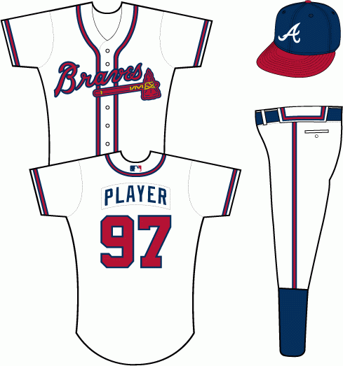 Atlanta Braves Home Uniform (2000) - Braves in scarlet on a white uniform with scarlet and navy piping (MLB batter logo added in 2000)