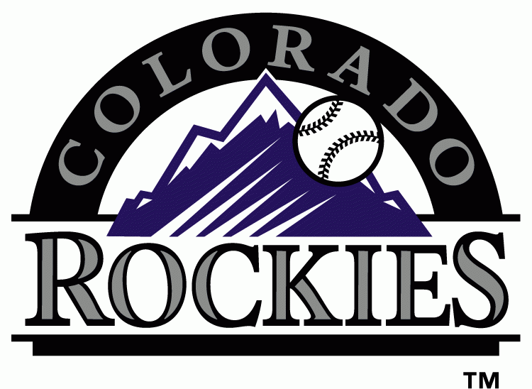 Colorado Rockies Primary Logo (1993) - Baseball going past purple rockies, black arch, and team script