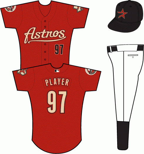 Houston Astros Alternate Uniform (2006) - Astros scripted in sand with brick and black outlines on a brick uniform, Texas/star patch on left sleeve, Colt .45s/Astros 45th Anniversary patch on right sleeve