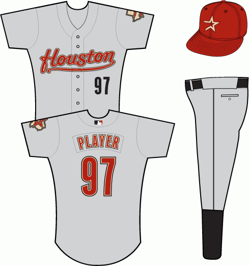 Houston Astros Alternate Uniform (2011) - Houston scripted in brick with sand and black outlines and a grey shadow on a grey uniform, Texas/star patch on left sleeve