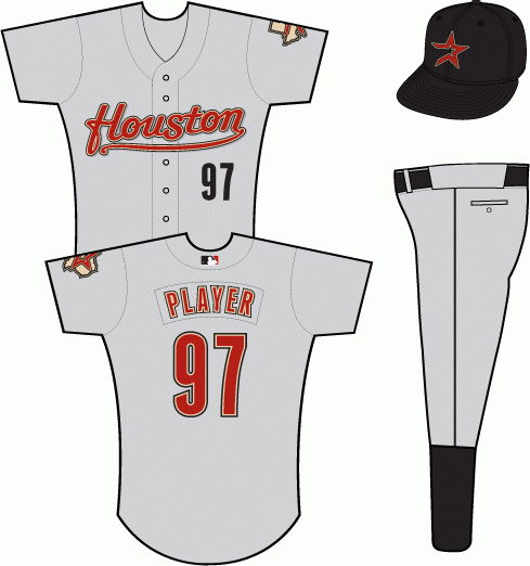 Houston Astros Road Uniform (2007) - Houston scripted in brick with sand and black outlines and a grey shadow on a grey uniform, Texas/star patch on left sleeve