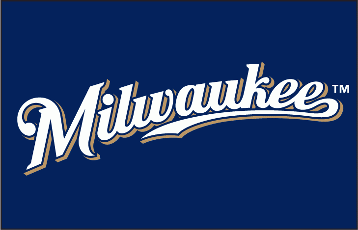 Milwaukee Brewers Wordmark Logo (2010) - (Alternate) Milwaukee scripted in white with a navy outline and a gold shadow on navy