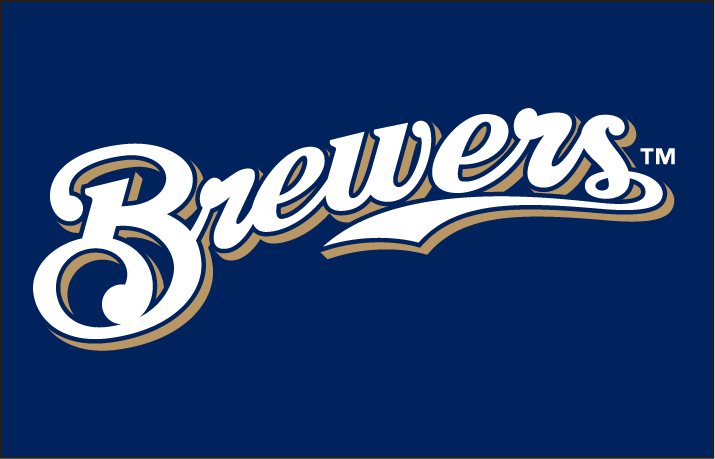Milwaukee Brewers Wordmark Logo (2000) - (Alternate) Brewers scripted in white with a navy outline and a gold shadow on navy