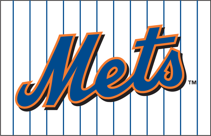 New York Mets Wordmark Logo (1999) - Mets scripted in blue with an orange outline and a black drop shadow on a white uniform with blue pinstripes