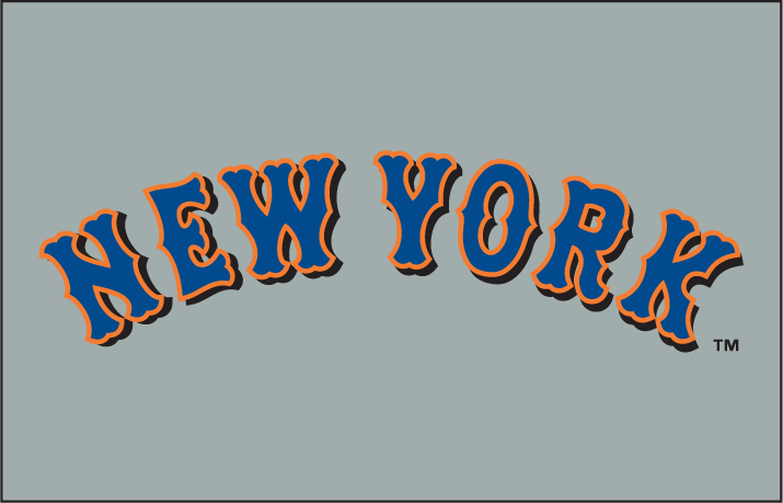 New York Mets Wordmark Logo (1999) - New York in blue with an orange outline and a black drop shadow on grey