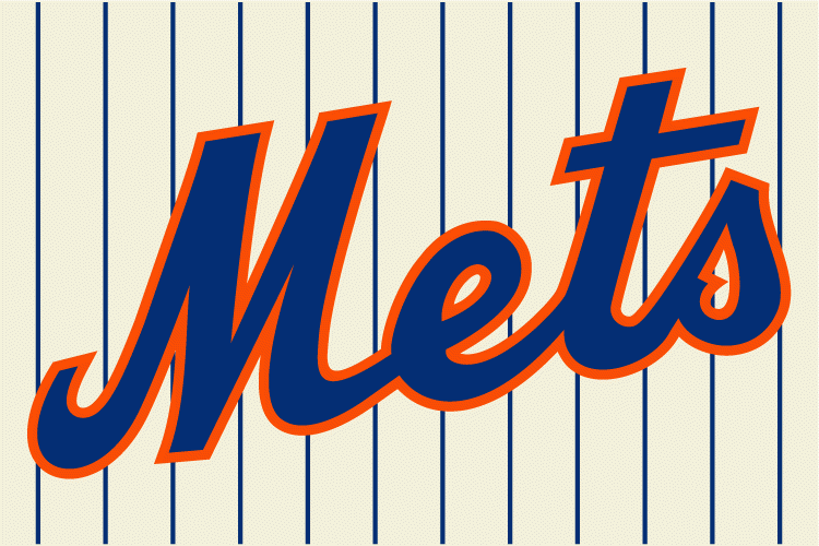 New York Mets Wordmark Logo (2012) - Mets scripted in blue with an orange outline on cream with blue pinstripes