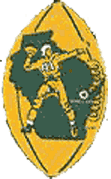 Green Bay Packers Primary Logo (1956) - Quarterback with backdrop of green Wisconsin on yellow football