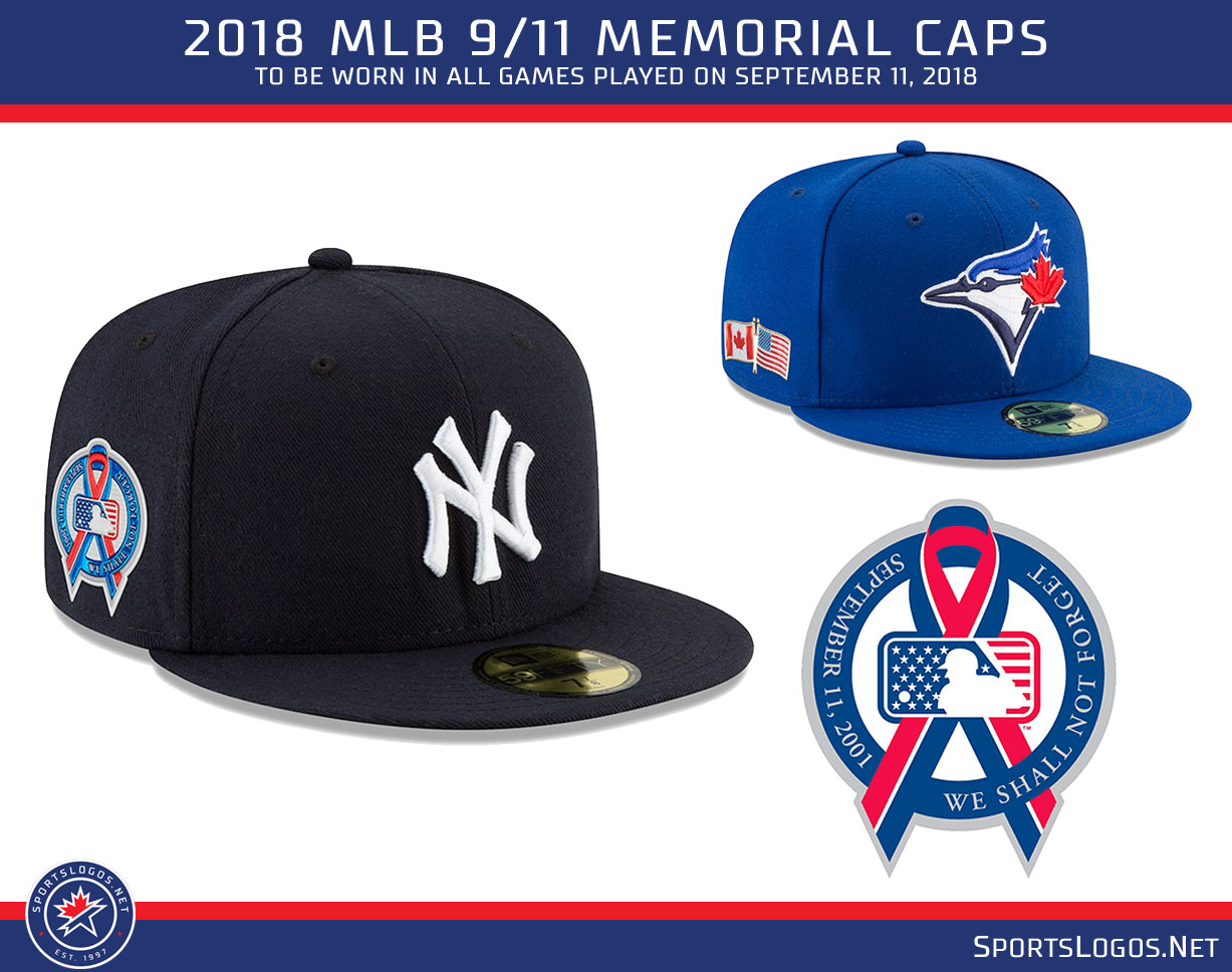 2018 911 mlb caps yankees blue jays ribbon patch Chris Creamer's