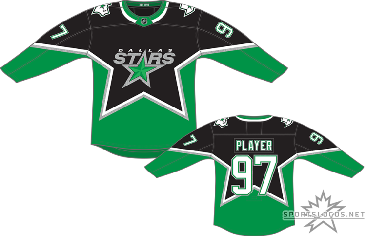 Dallas Stars Uniform Alternate Uniform (2025/26-Pres) - The Dallas Stars' third jersey, used since 2025-26, is a throwback to the design used by the Stars during their first seasons in Dallas during the 1990s and 2000s. Recoloured for the club's modern colour scheme, it shows 
