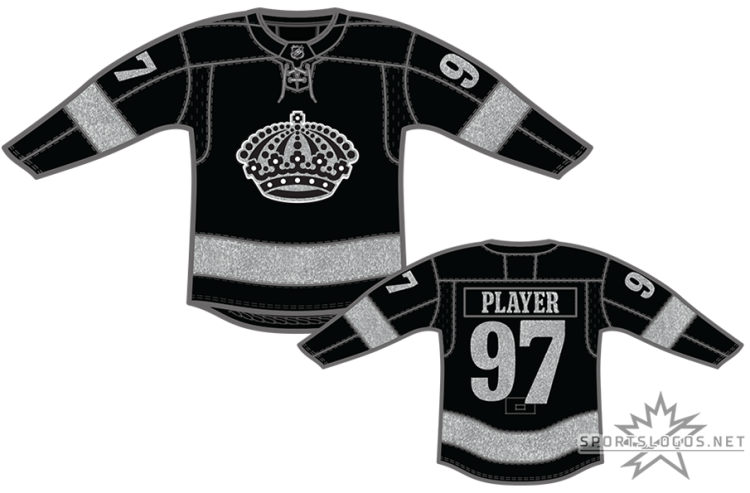 Los Angeles Kings Uniform Alternate Uniform (2025/26-Pres) - The Los Angeles Kings' third jersey, first used during the 2025-26 season, featured the crown from their primary logo in a sparkly silver with black and white features on a black jersey with a single, thick silver stripe around the waist and on each arm. SportsLogos.Net
