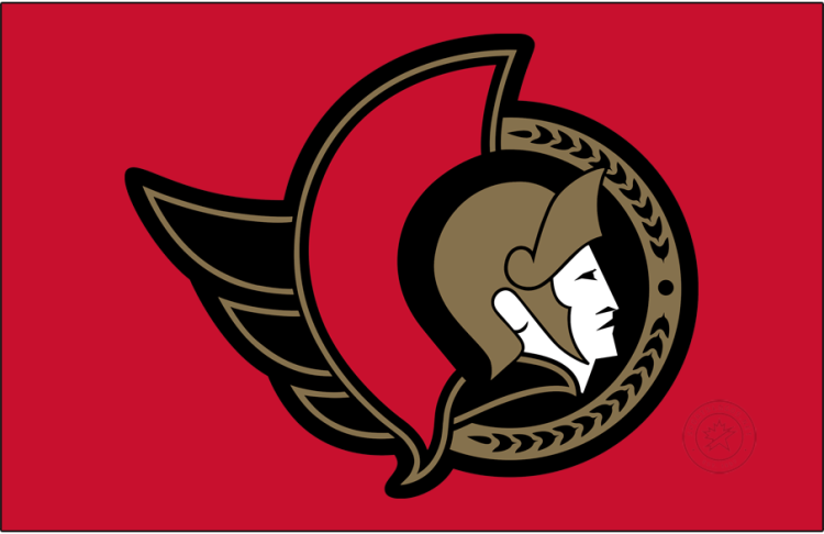 Ottawa Senators Logo Jersey Logo (2025/26-Pres) - The Ottawa Senators' red third jersey logo is a slight tweak to the team's typical primary logo, featuring the head of a Roman senator in a gold helmet with red feathers. The main difference is that the black trim around the logo is now simplified, more rounded and much thicker. The logo is worn on the front of a red jersey and features several additional embroidered embellishments only visible on the physical product. SportsLogos.Net